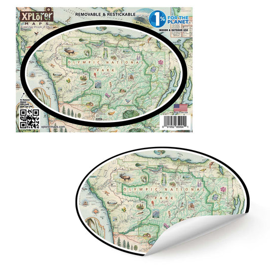 A vintage-style map sticker of Olympic National Park shown in two views: one flat view on its retail backing card and one peeled-back view showing the peel-off backing. The backing card features the Xplorer Maps logo.