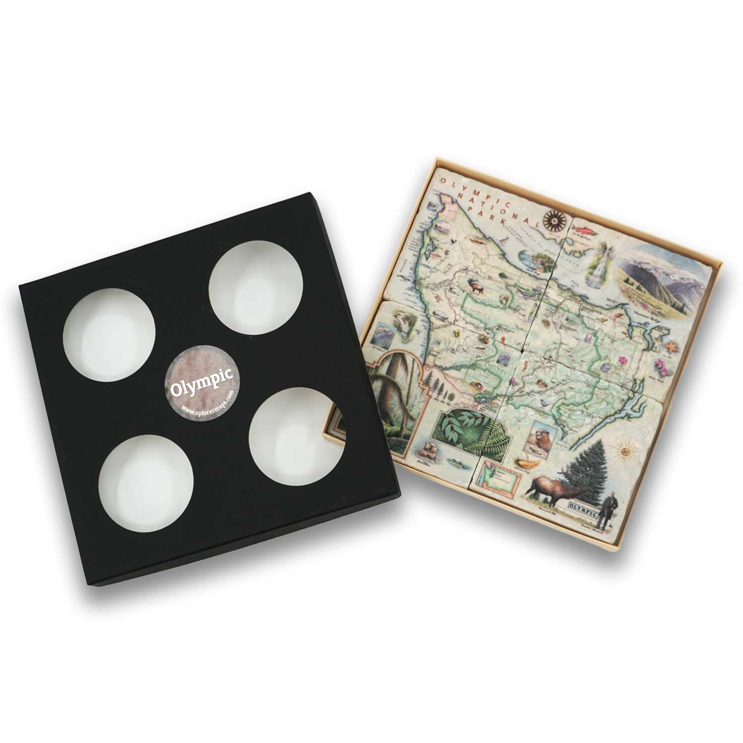 Olympic coaster set shown with its storage box.