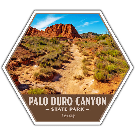 A hexagonal sticker featuring a desert canyon landscape with a dirt trail, red rock formations, blue sky, and the text 'PALO DURO CANYON - STATE PARK - Texas' on a white background.