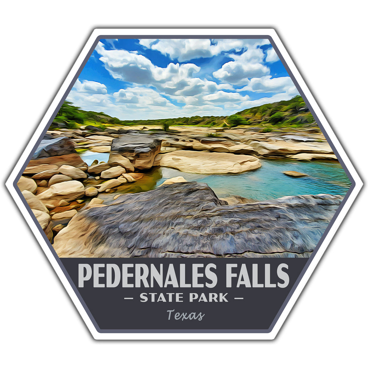 A hexagonal sticker featuring a scenic landscape of Pedernales Falls State Park in Texas, with rocky pools, green hills, and a blue sky with white clouds. The bottom section is dark gray with white text reading 'PEDERNALES FALLS - STATE PARK - Texas'.