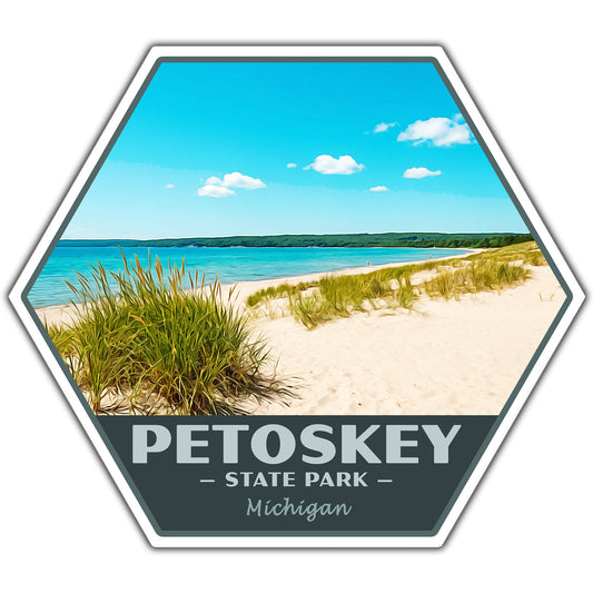 Hexagonal sticker of Petoskey State Park with beach and lake view