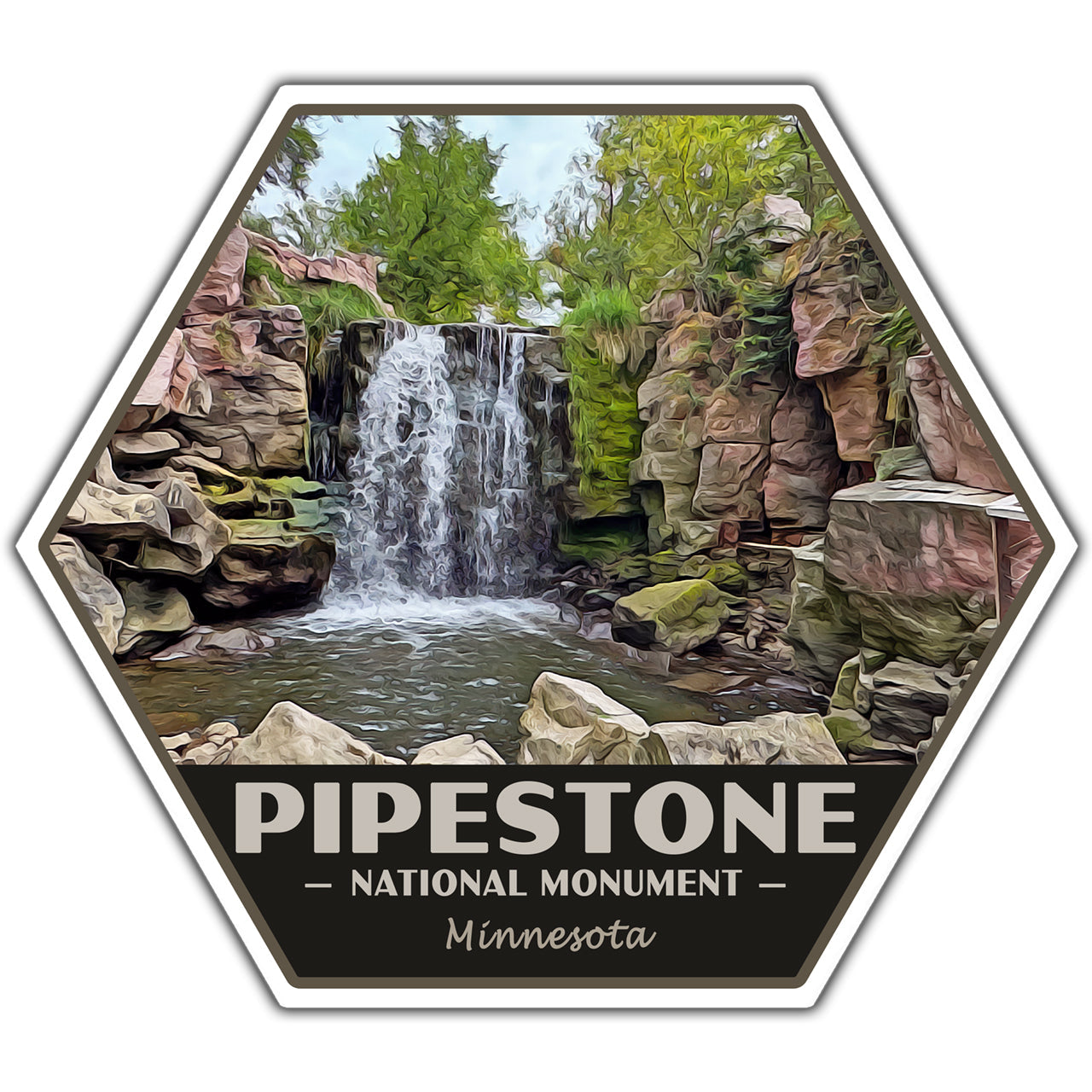 A hexagonal sticker or decal featuring a scenic waterfall landscape labeled 'PIPESTONE NATIONAL MONUMENT Minnesota' on a white background.