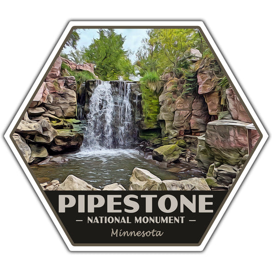 A hexagonal sticker or decal featuring a scenic waterfall landscape labeled 'PIPESTONE NATIONAL MONUMENT Minnesota' on a white background.