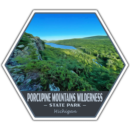 A hexagonal sticker featuring a stylized landscape of the Porcupine Mountains Wilderness State Park in Michigan, with green hills, a blue lake, and a dark gray banner at the bottom with white text.
