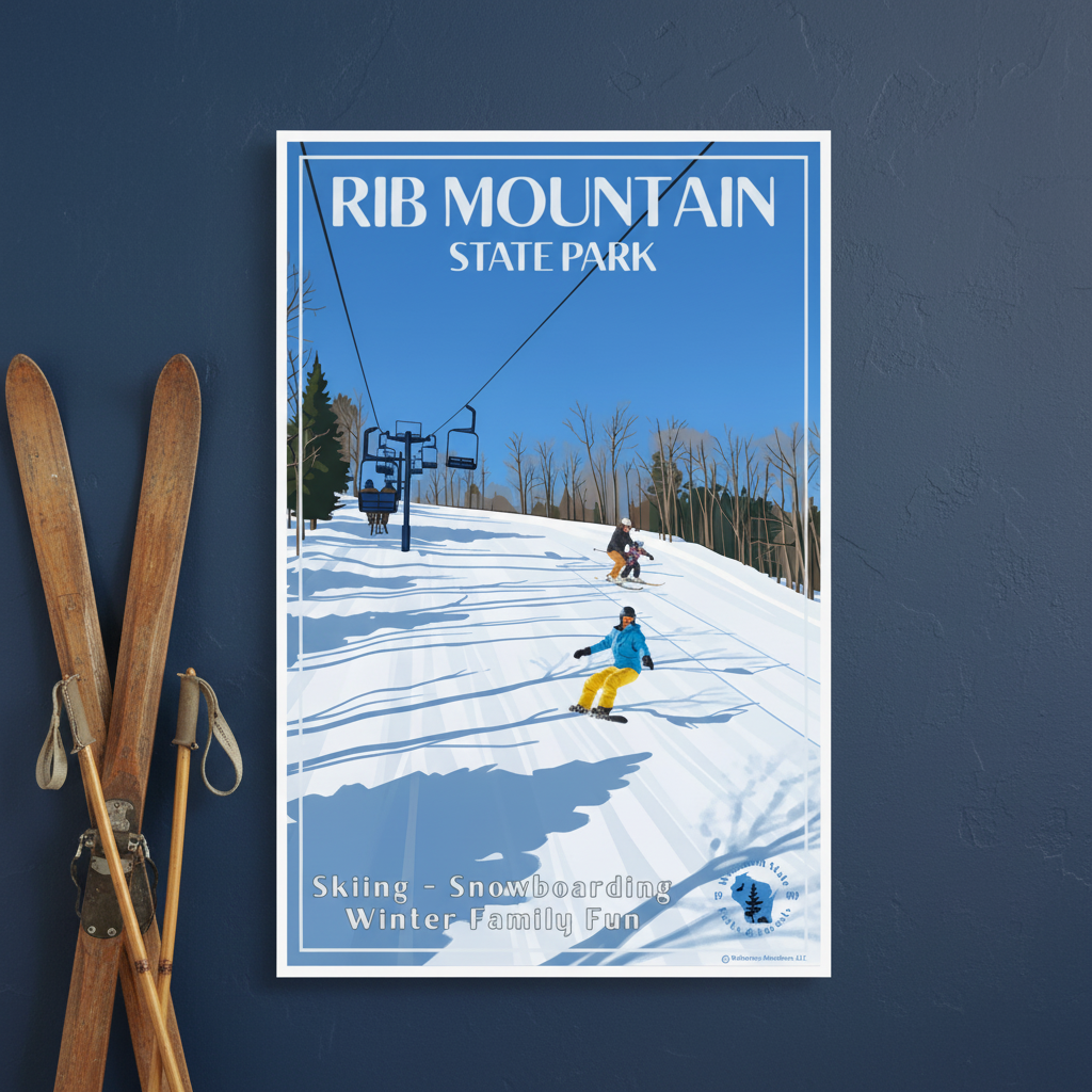 Poster for Rib Mountain State Park with skiers on a snowy slope, placed against a dark blue wall with wooden skis.