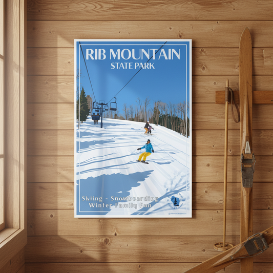 Poster of Rib Mountain State Park on a wooden wall with skis and ski poles.
