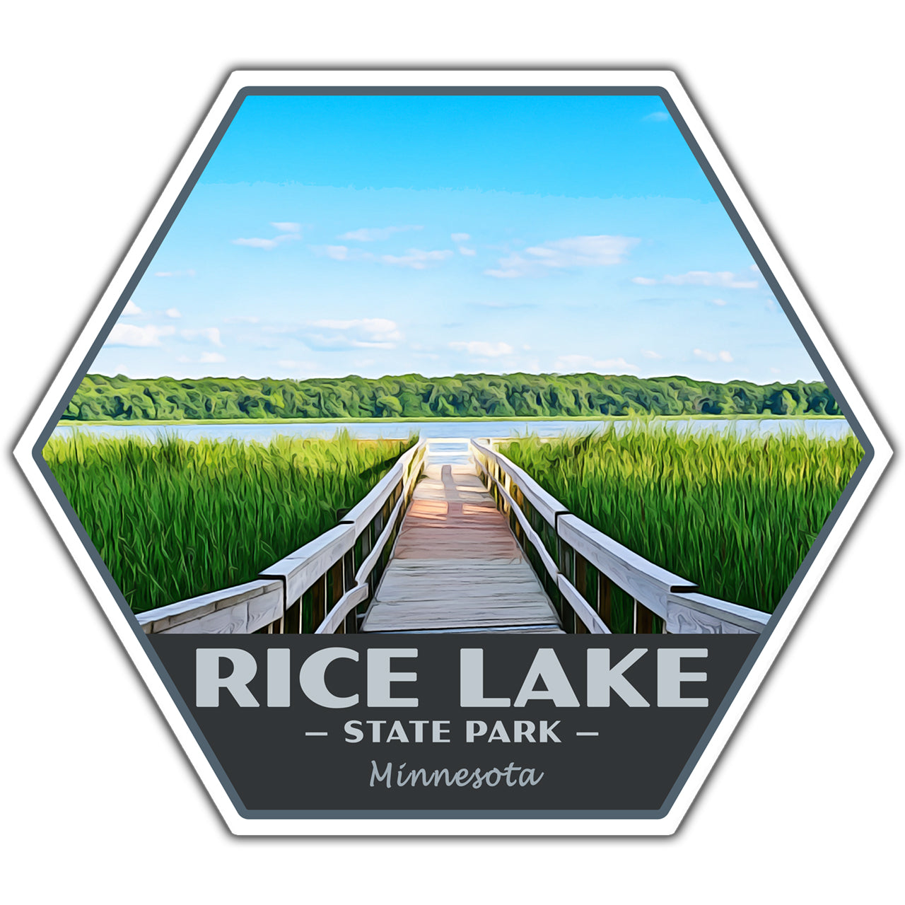 Hexagonal sticker of Rice Lake State Park in Minnesota with a wooden dock and grassy area.