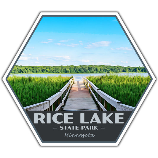 Hexagonal sticker of Rice Lake State Park in Minnesota with a wooden dock and grassy area.