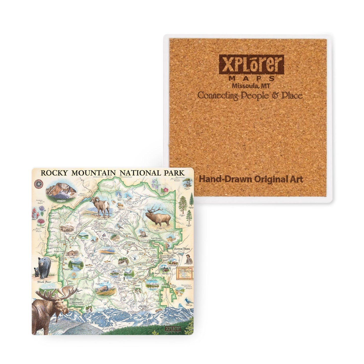 Two square coasters shown on a white background: one printed with a colorful illustrated map of Rocky Mountain National Park and one with a natural cork backing and the Xplorer Maps logo. The coasters represent the product and its reverse side.