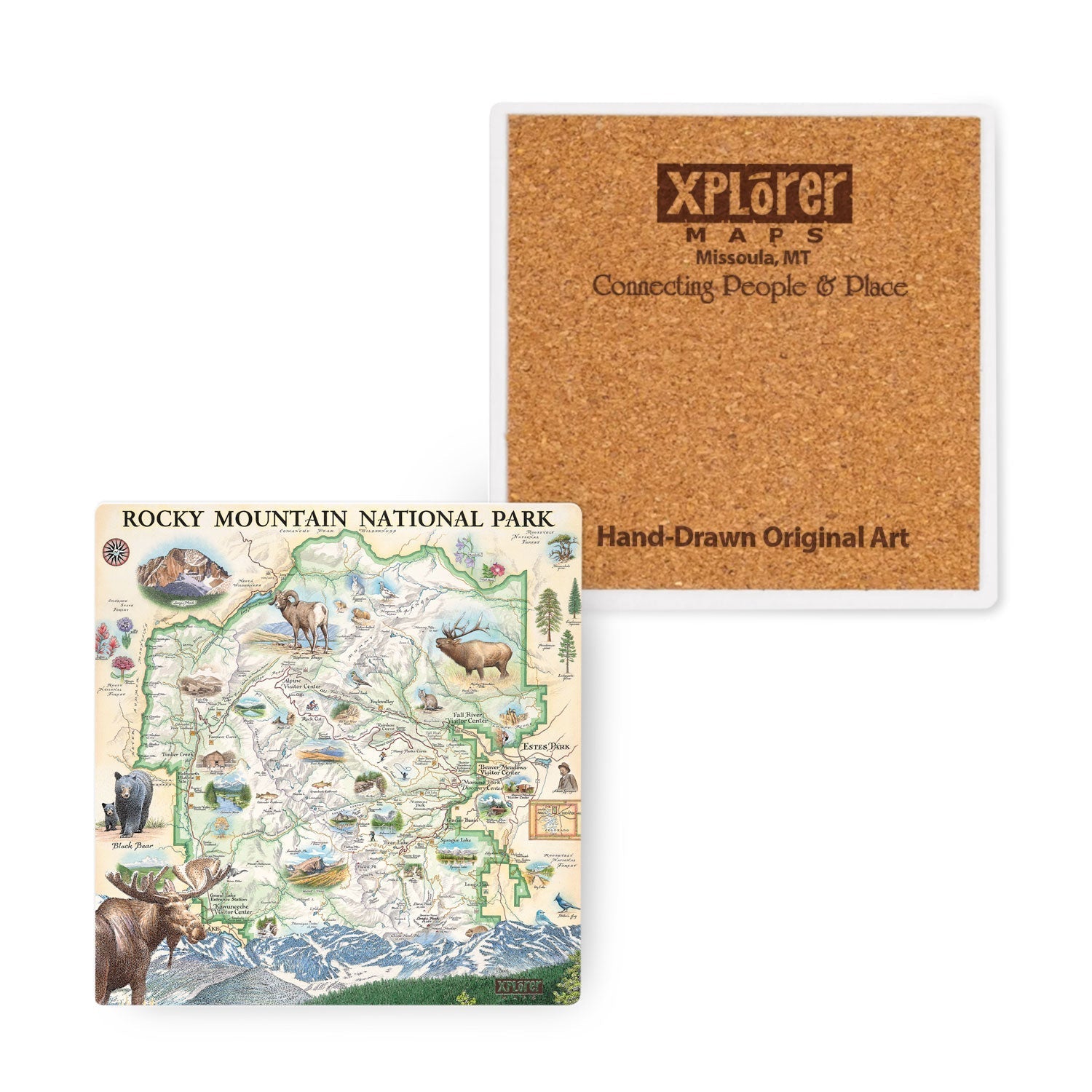 Two square coasters shown on a white background: one printed with a colorful illustrated map of Rocky Mountain National Park and one with a natural cork backing and the Xplorer Maps logo. The coasters represent the product and its reverse side.