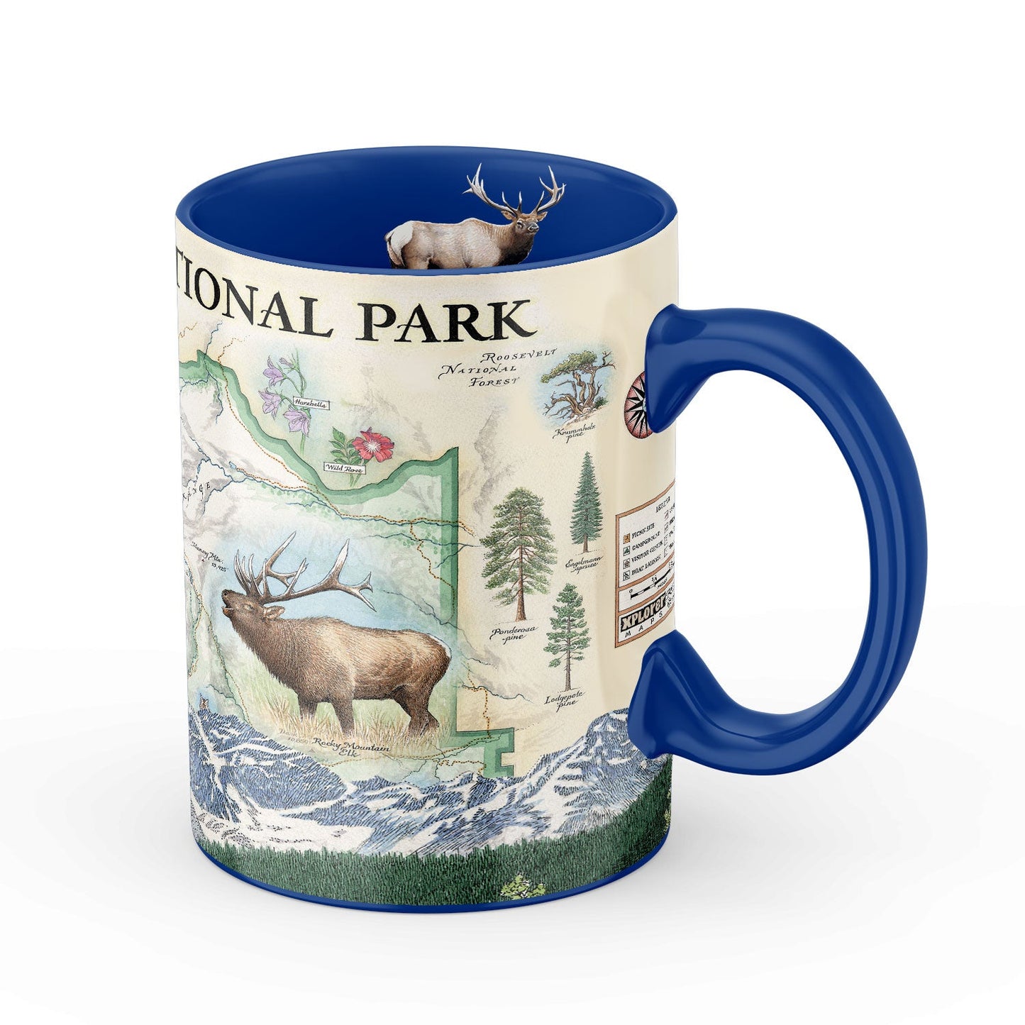 A ceramic coffee mug featuring a detailed map of Rocky Mountain National Park on the exterior and a blue interior with a small elk illustration at the top. The mug has a blue handle and a blue rim, set against a plain white background.
