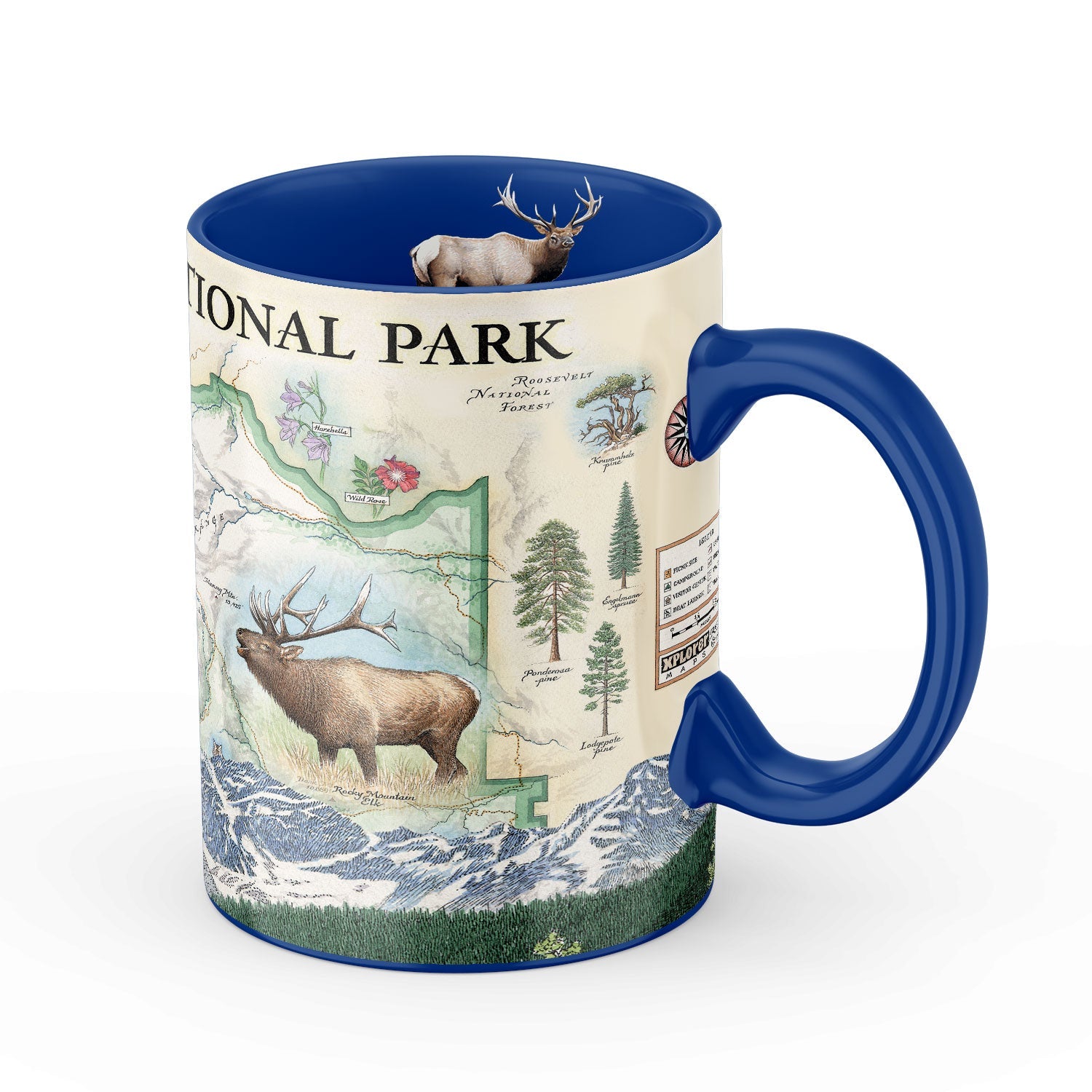 A ceramic coffee mug featuring a detailed map of Rocky Mountain National Park on the exterior and a blue interior with a small elk illustration at the top. The mug has a blue handle and a blue rim, set against a plain white background.