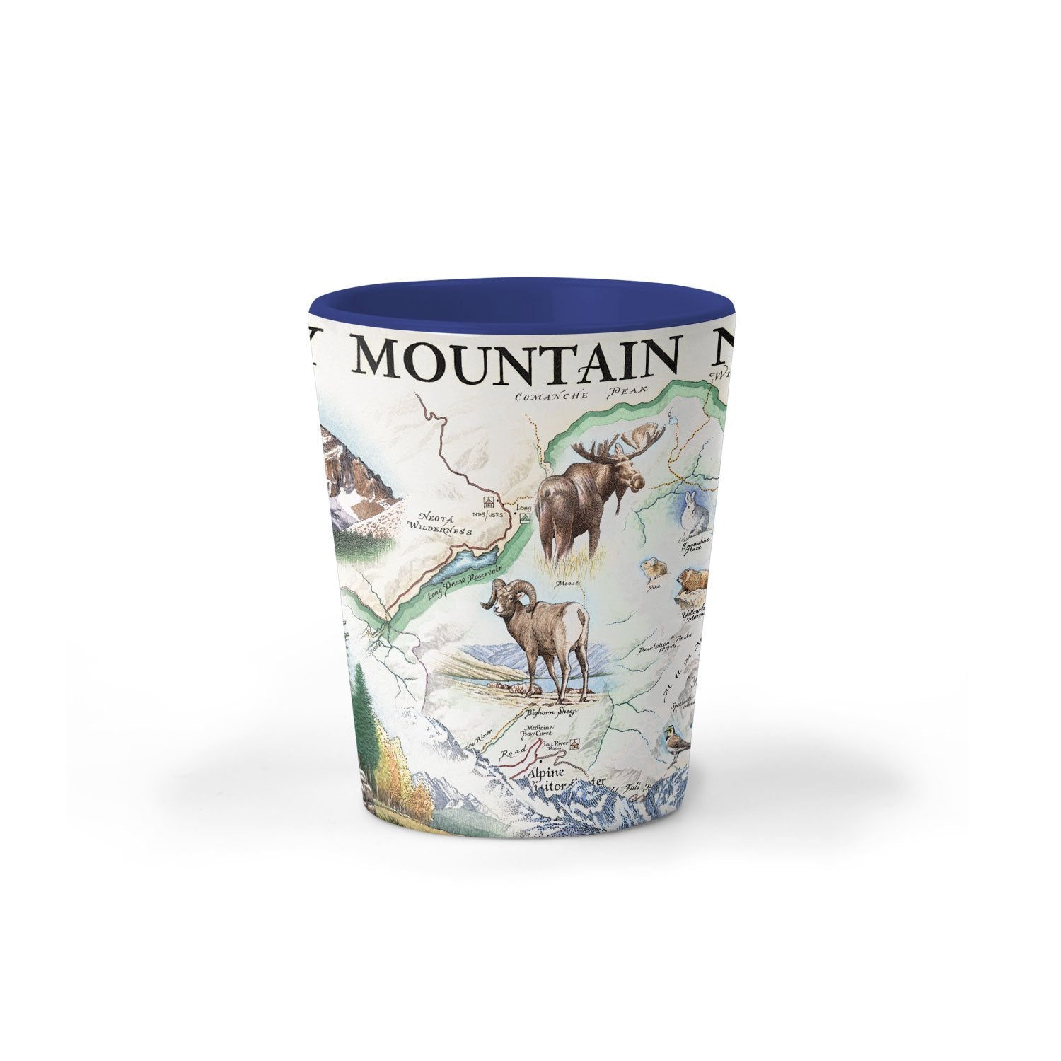 A tapered shot glass featuring a vintage-style illustrated map of the Great Basin with bighorn sheep and a moose, finished with a solid dark blue interior.