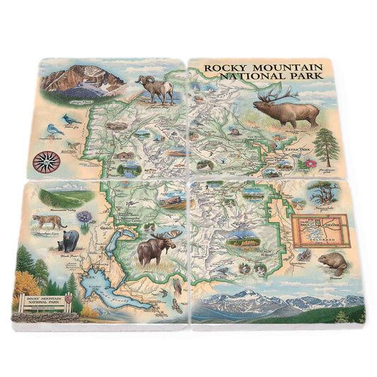Set a four ceramic coasters, depicting a map of Rocky Mountain national Park