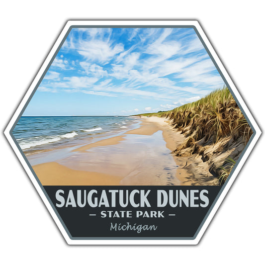 Hexagonal sticker of Saugatuck Dunes State Park with beach and sky against a white background. 
