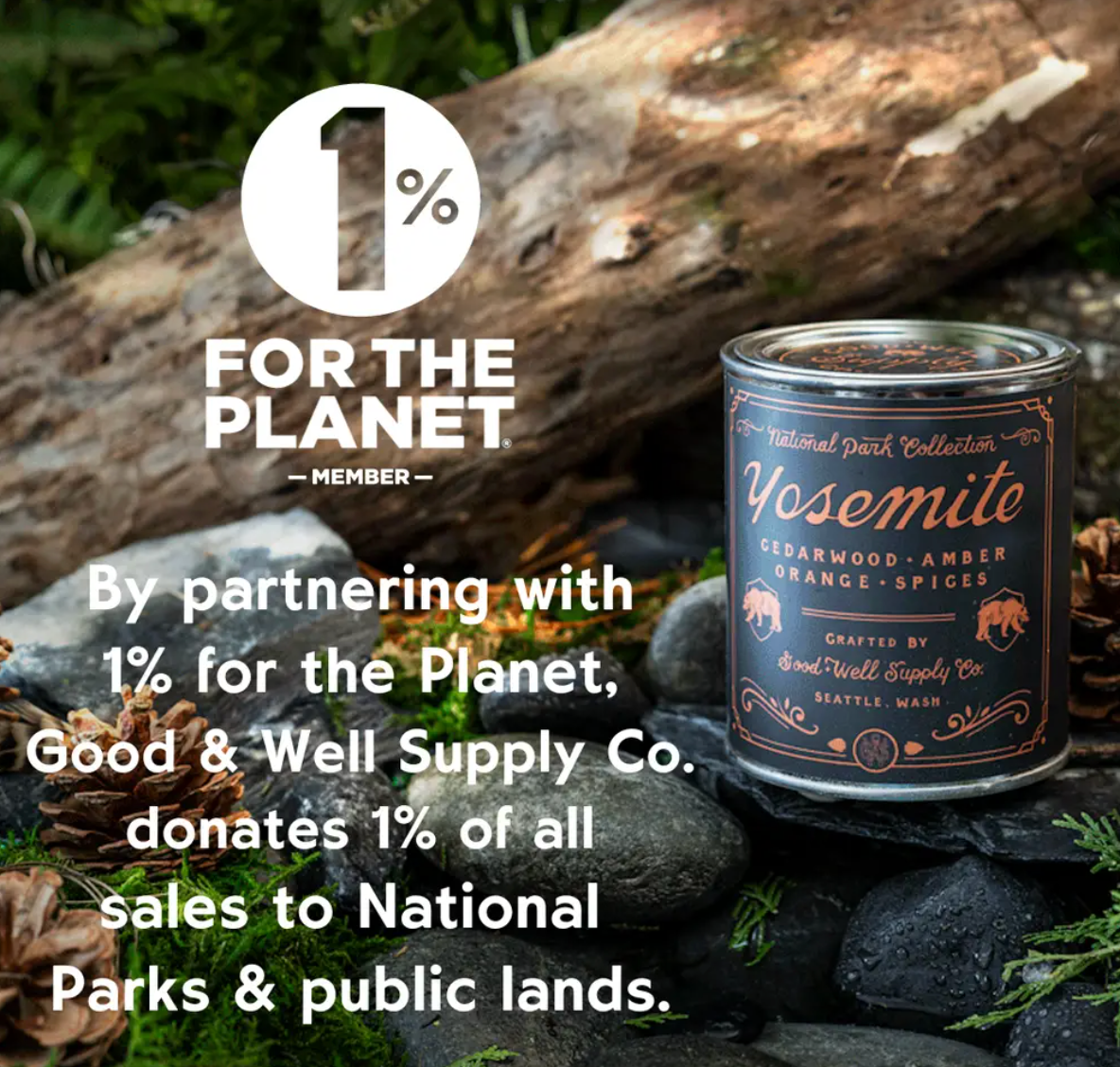 Yosemite candle with 1% for the Planet logo and text about donations to national parks.