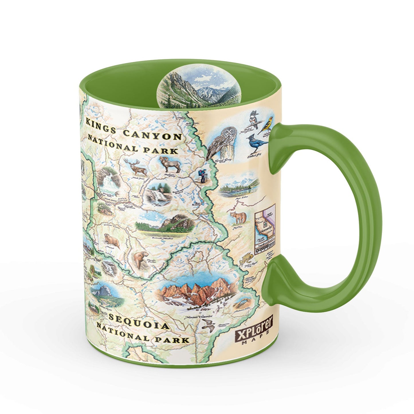 A ceramic coffee mug featuring illustrated maps of Kings Canyon and Sequoia National Parks, with a green handle and interior, shown on a white background.