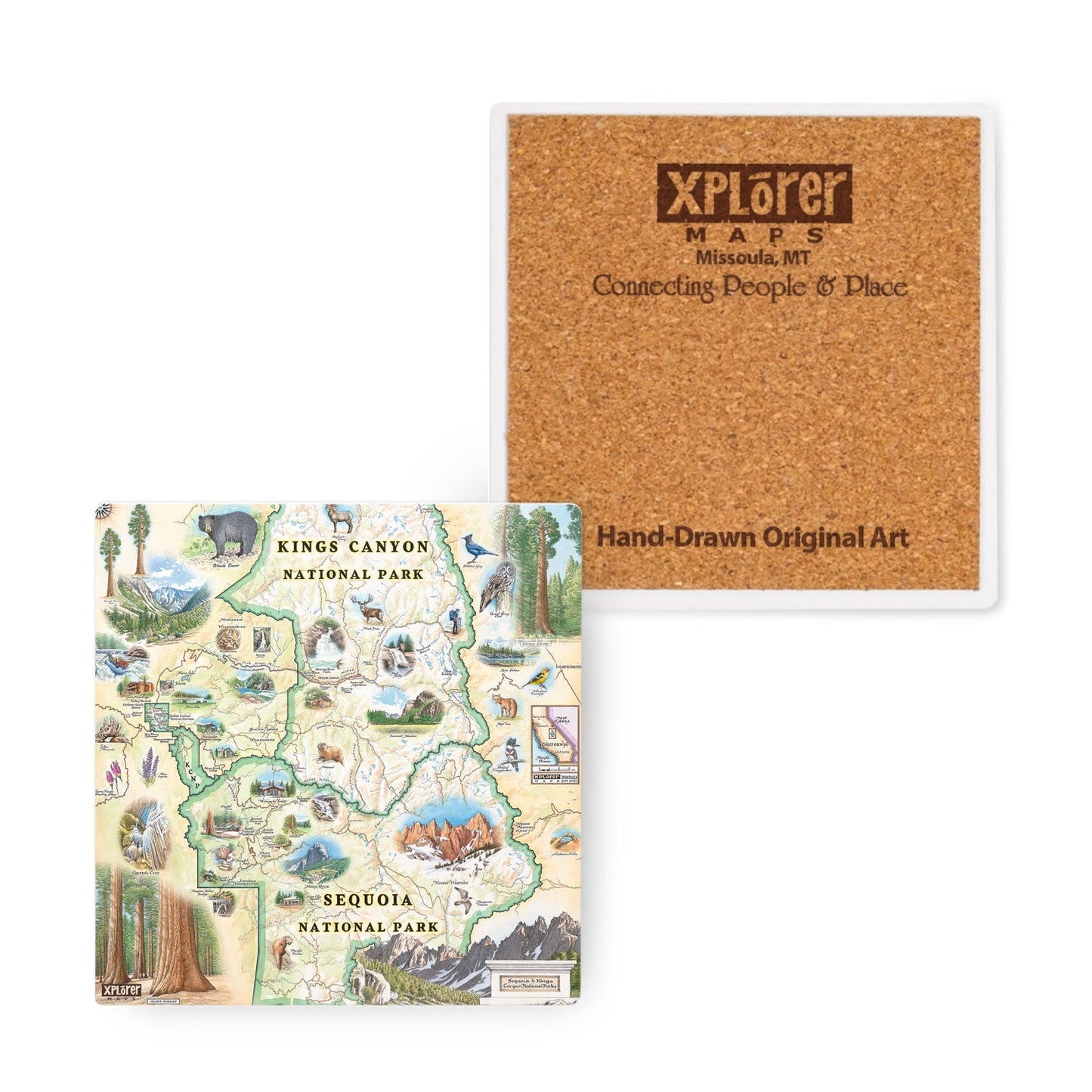 Ceramic Coaster shown on a white background: one features a hand-drawn illustrated map of Kings Canyon and Sequoia National Parks, and the other shows the back with a cork-like textured panel and the text 'XPLorer MAPS' and 'Hand-Drawn Original Art'.