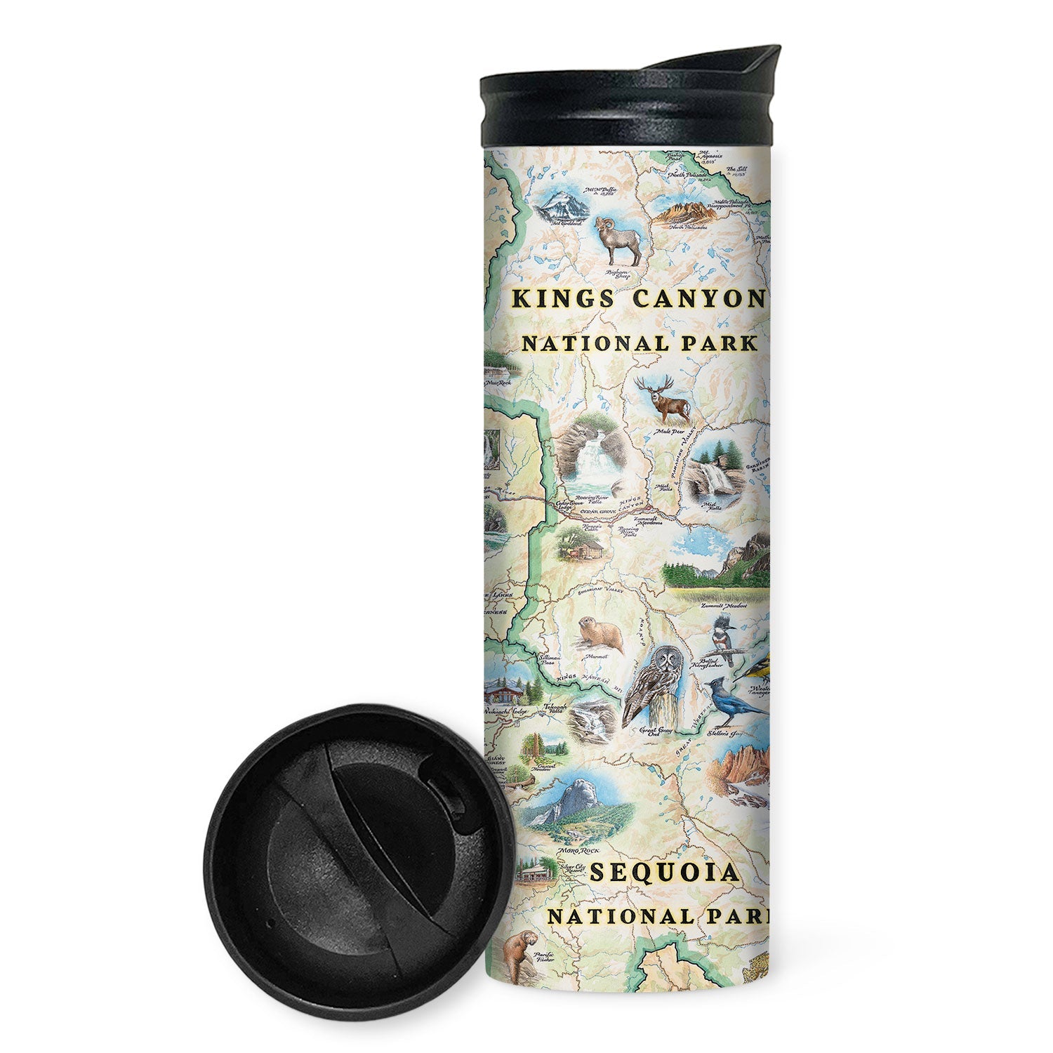 A tall insulated travel tumbler with a black lid, featuring a vintage-style illustrated map print of Kings Canyon National Park. The lid is shown detached and placed in front of the tumbler on a clean white background.
