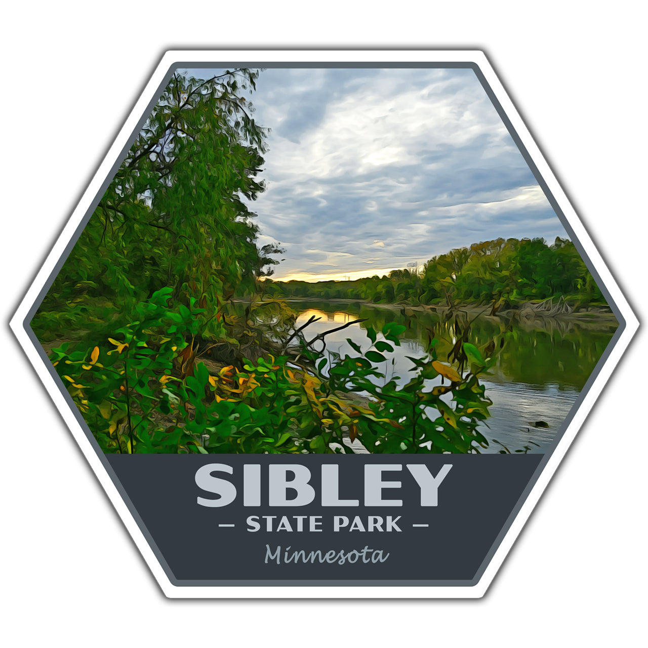 Hexagonal sticker of Sibley State Park in Minnesota with a scenic lake and trees.