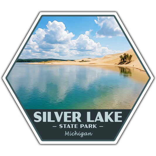 A hexagonal sticker design featuring a scenic photograph of Silver Lake State Park, Michigan, with sand dunes, blue sky, and white clouds above the text 'SILVER LAKE - STATE PARK - Michigan'.