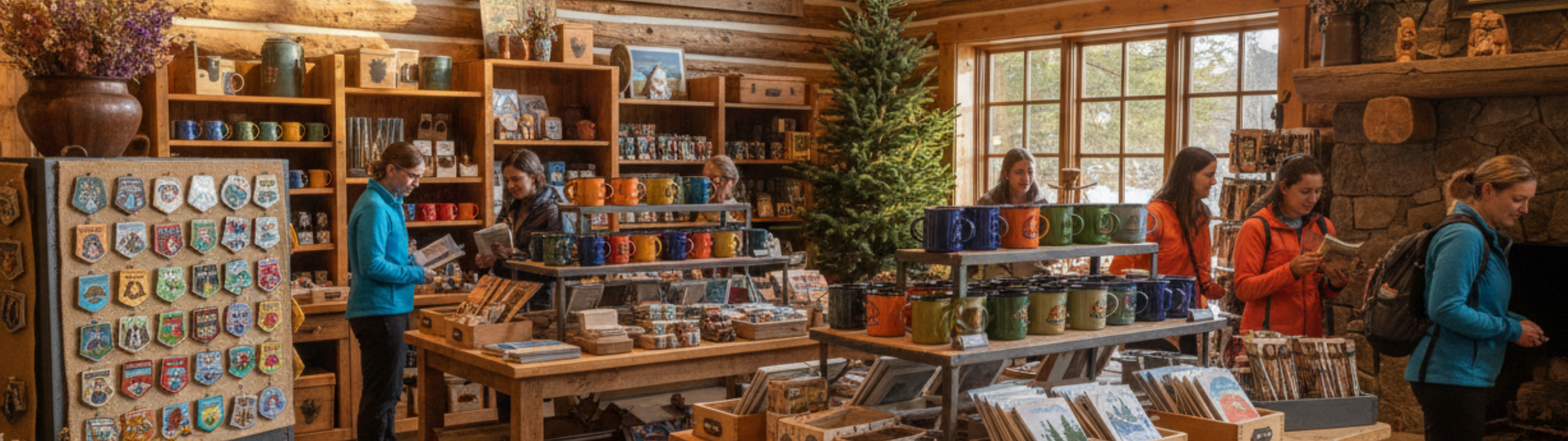 Indoor setting with people browsing in a store with shelves and products.