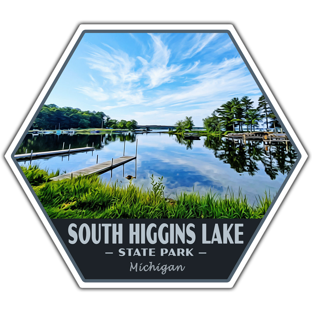 Hexagonal sticker of South Higgins Lake State Park with a scenic lake view and dock.