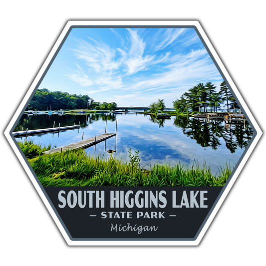 Hexagonal sticker of South Higgins Lake State Park with a scenic lake view and dock.