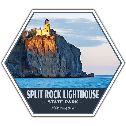 A hexagonal sticker or decal featuring an illustrated view of the Split Rock Lighthouse in State Park, Minnesota, with the text 'SPLIT ROCK LIGHTHOUSE - STATE PARK - Minnesota' along the bottom.