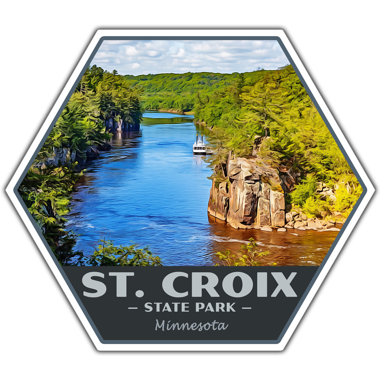 Hexagonal sticker of St. Croix State Park in Minnesota with a scenic view of a river and trees.