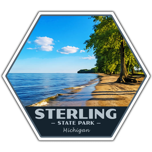 Hexagonal sticker of Sterling State Park in Michigan with a beach and trees.