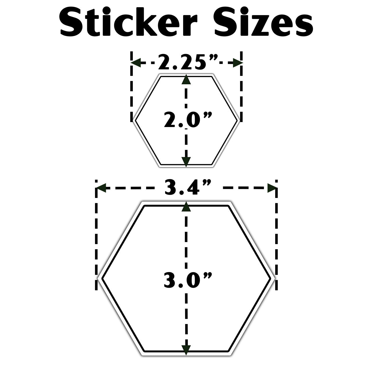 A size chart labeled 'Sticker Sizes' showing two hexagonal sticker dimensions.