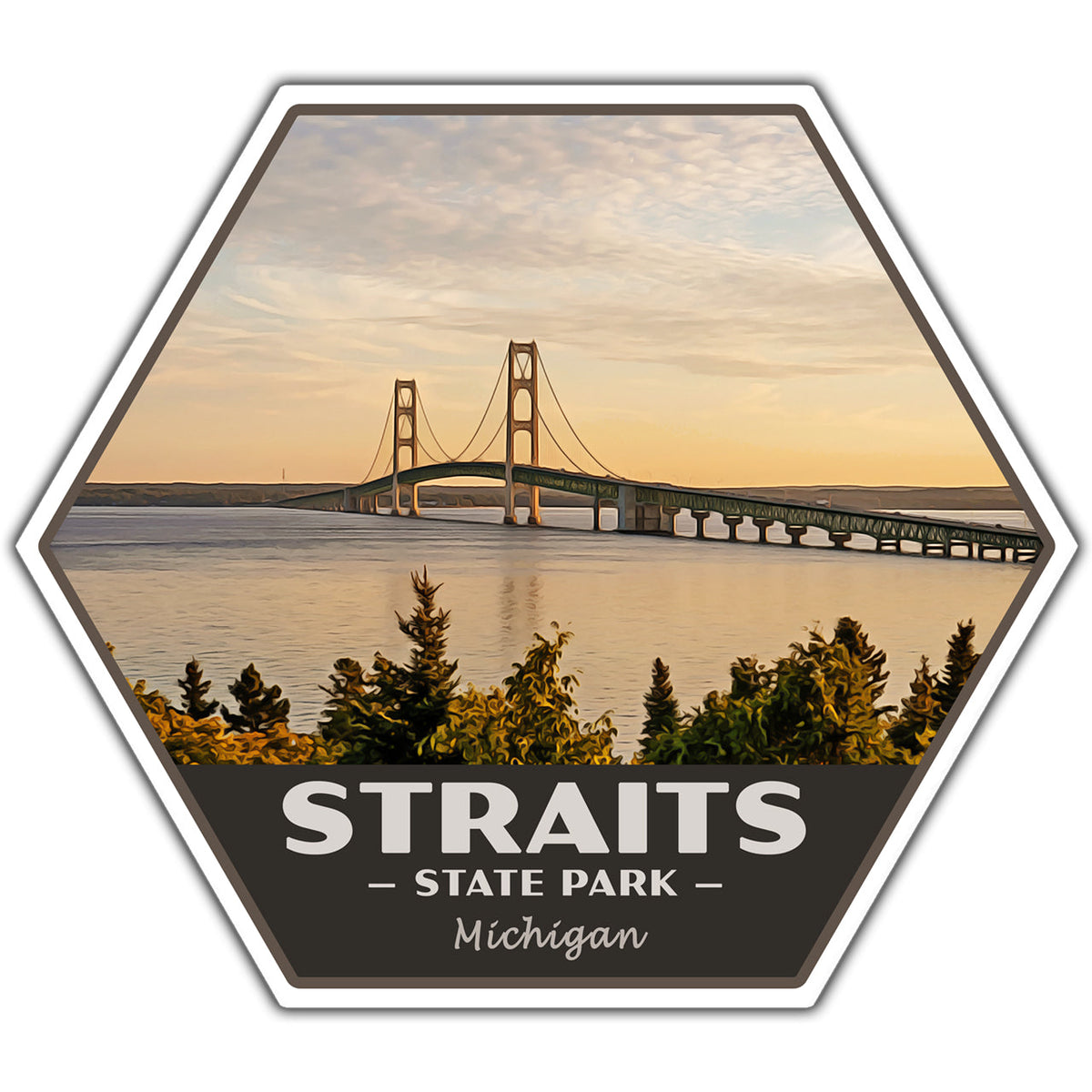 Hexagonal sticker with a bridge over water and trees, labeled 'Straits State Park, Michigan'.