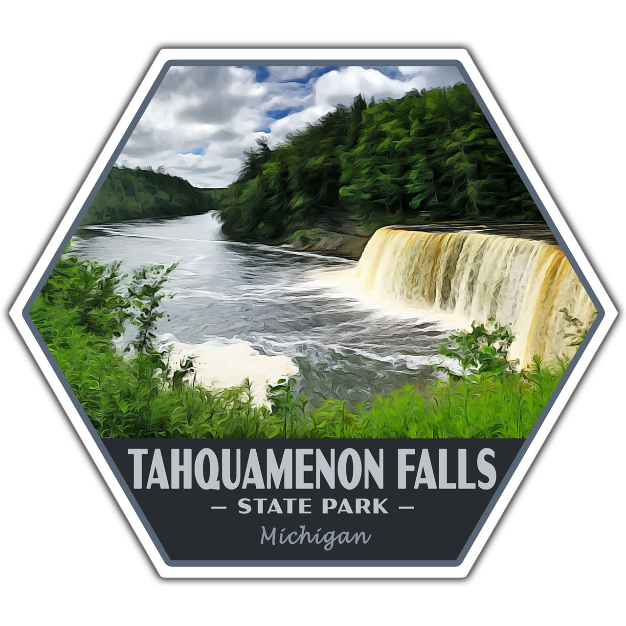 A hexagonal sticker design featuring a scenic photograph of Tahquamenon Falls in Michigan, with a dark banner at the bottom reading 'TAHQUAMENON FALLS - STATE PARK - Michigan'. The design is centered on a plain white background.