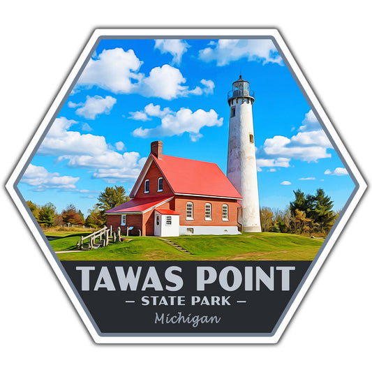 Hexagonal sticker of Tawas Point State Park with a lighthouse and red building.