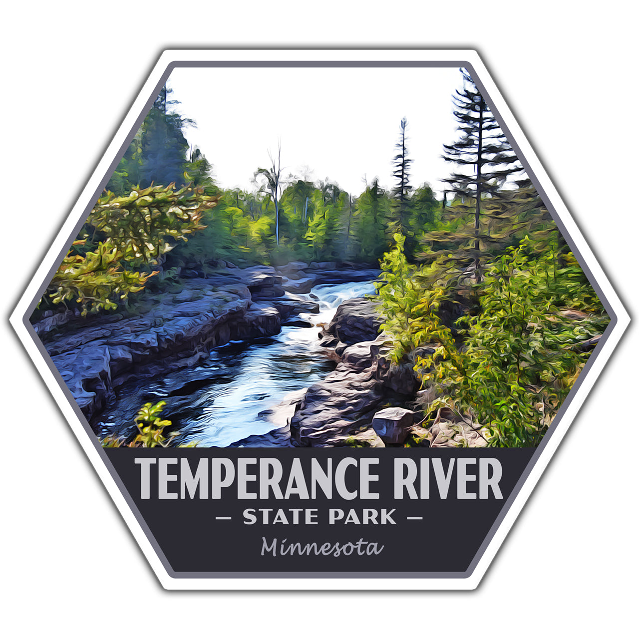 Hexagonal sticker of Temperance River State Park in Minnesota with a river and trees.