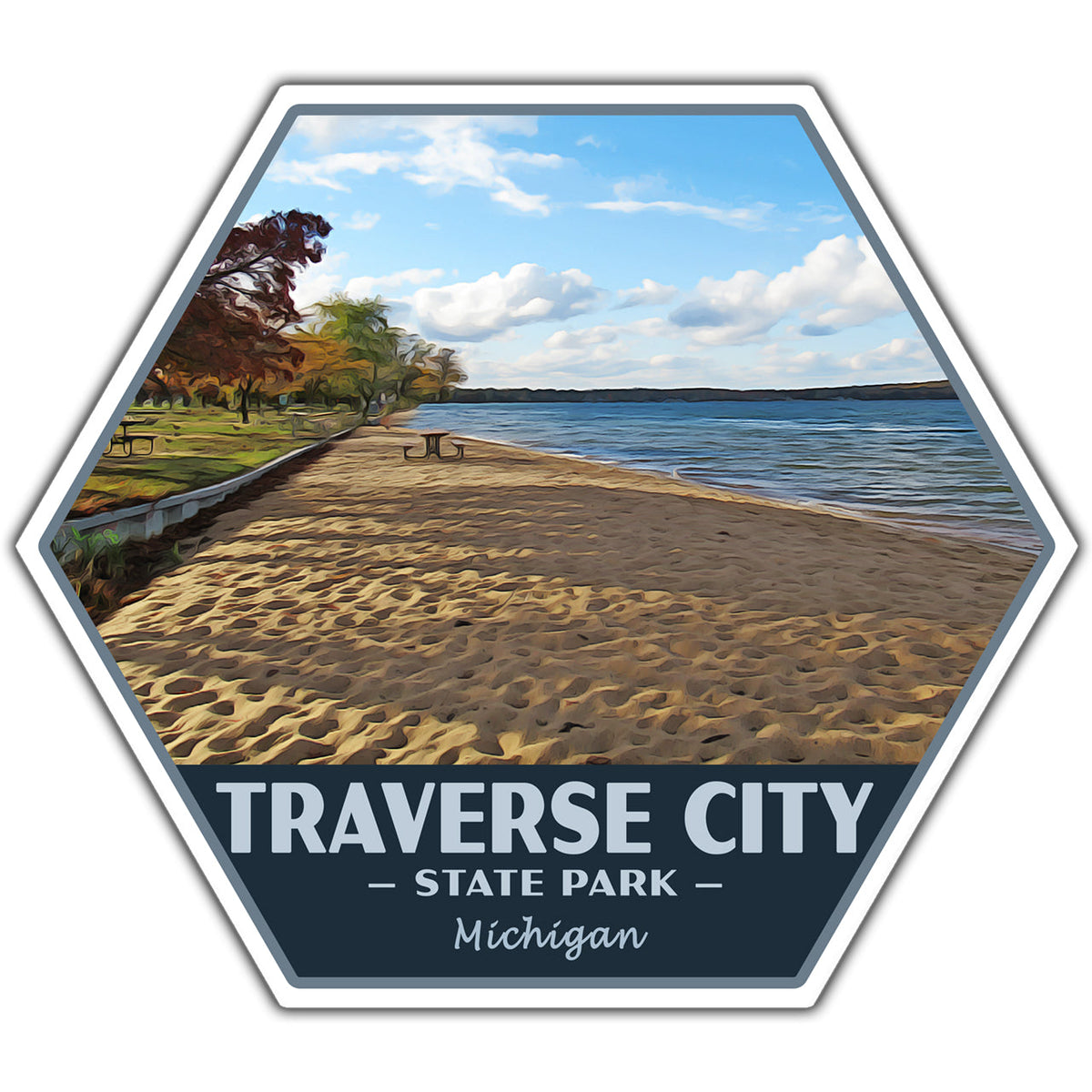A hexagonal sticker or decal featuring a scenic photograph of Traverse City State Park in Michigan, with a sandy beach, lake, trees, and a dark blue banner at the bottom reading 'TRAVERSE CITY - STATE PARK - Michigan'.