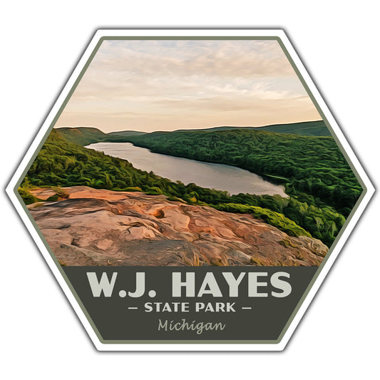 A hexagonal sticker featuring a scenic landscape of W.J. Hayes State Park 