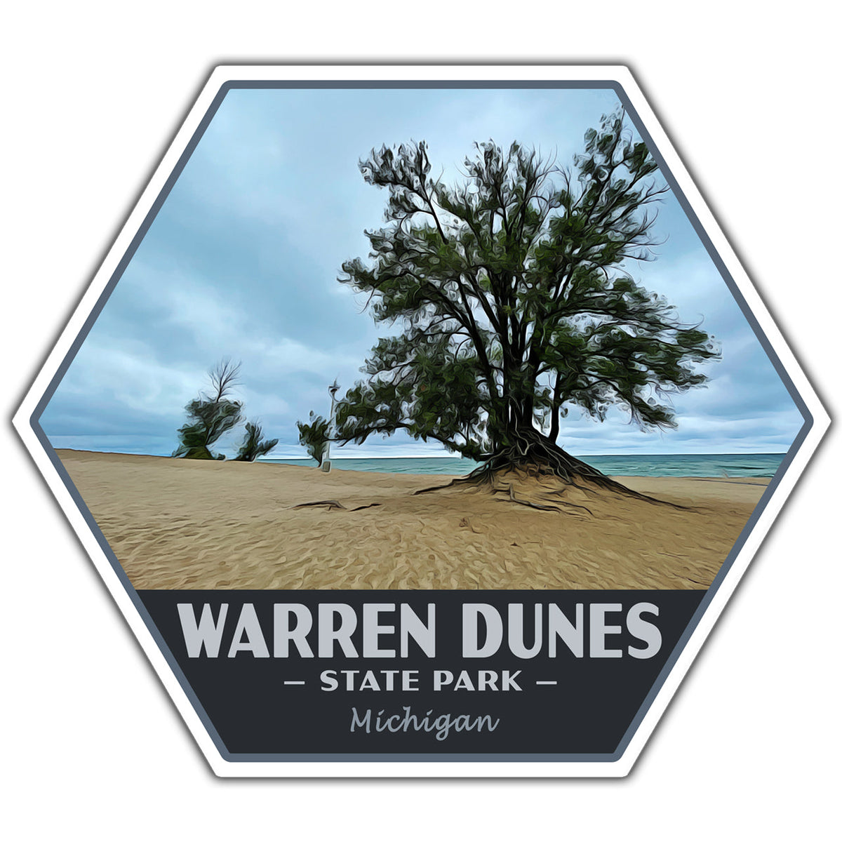 A hexagonal sticker or patch featuring a scenic photograph of Warren Dunes State Park in Michigan, with sand, trees, ocean, and cloudy sky. A dark band at the bottom reads “WARREN DUNES • STATE PARK • Michigan” in white text.