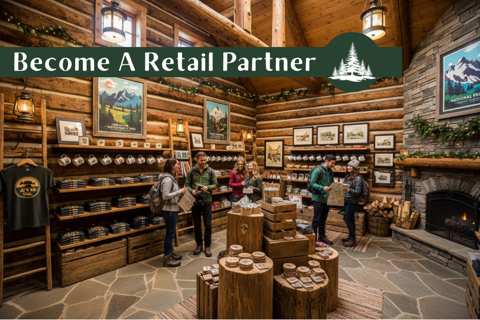 Retail store interior with wooden walls, shelves, and a fireplace. People shopping and promotional text 'Become A Retail Partner' displayed.