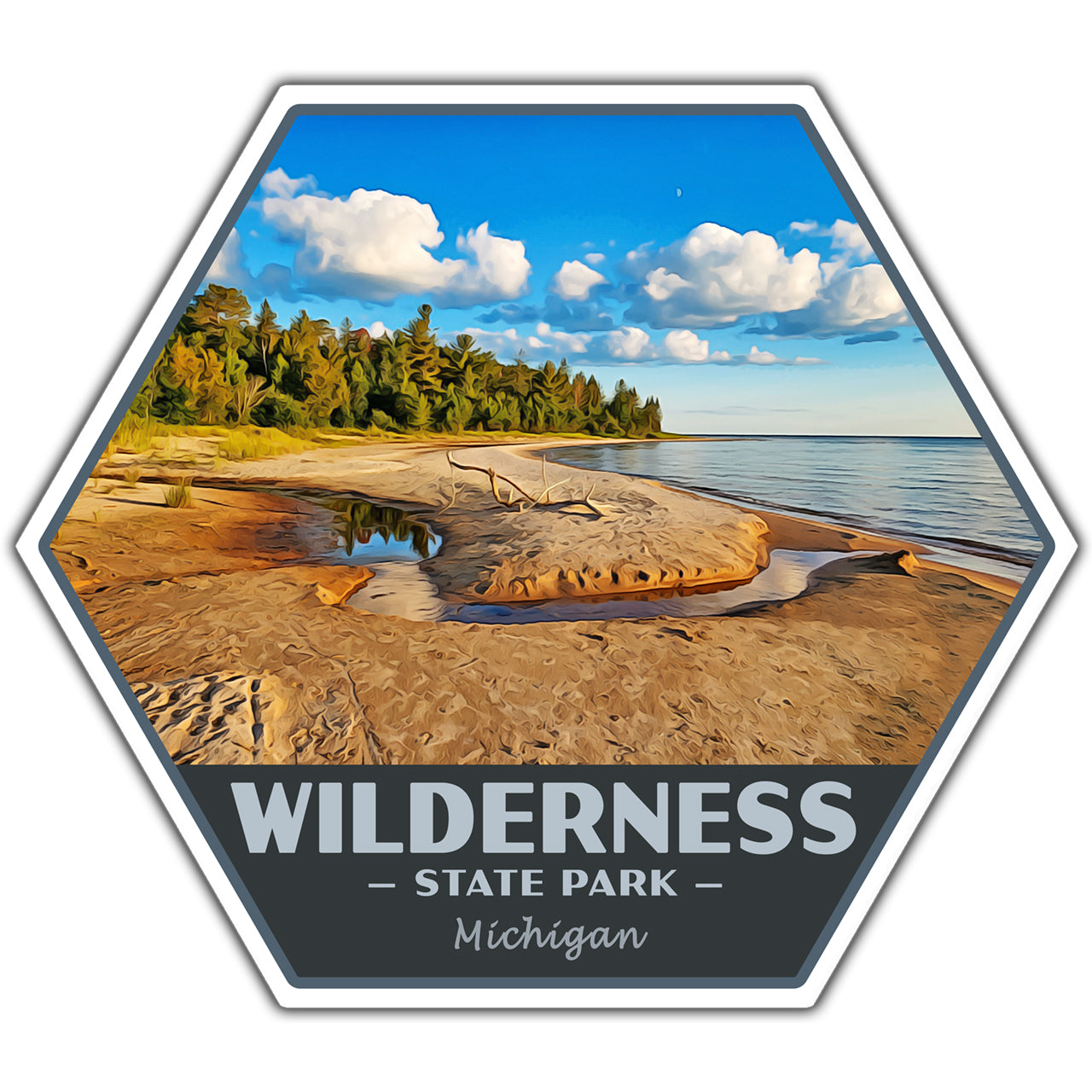 Hexagonal sticker of Wilderness State Park in Michigan with a beach and forest background.