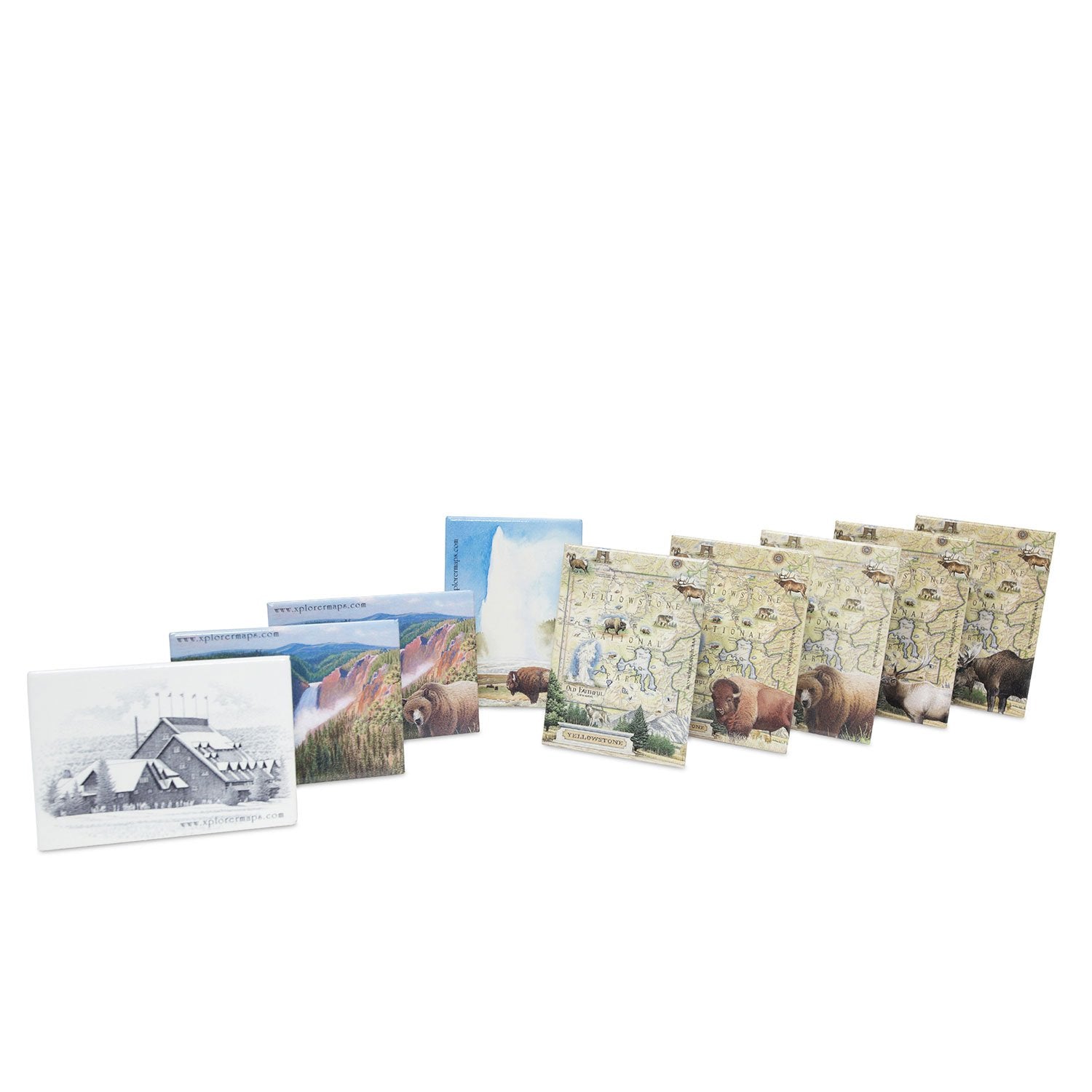 A set of illustrated magnets fanned out on a white background, including a snowy house scene, mountain landscape, and vintage-style maps with animals such as bison and a deer.
