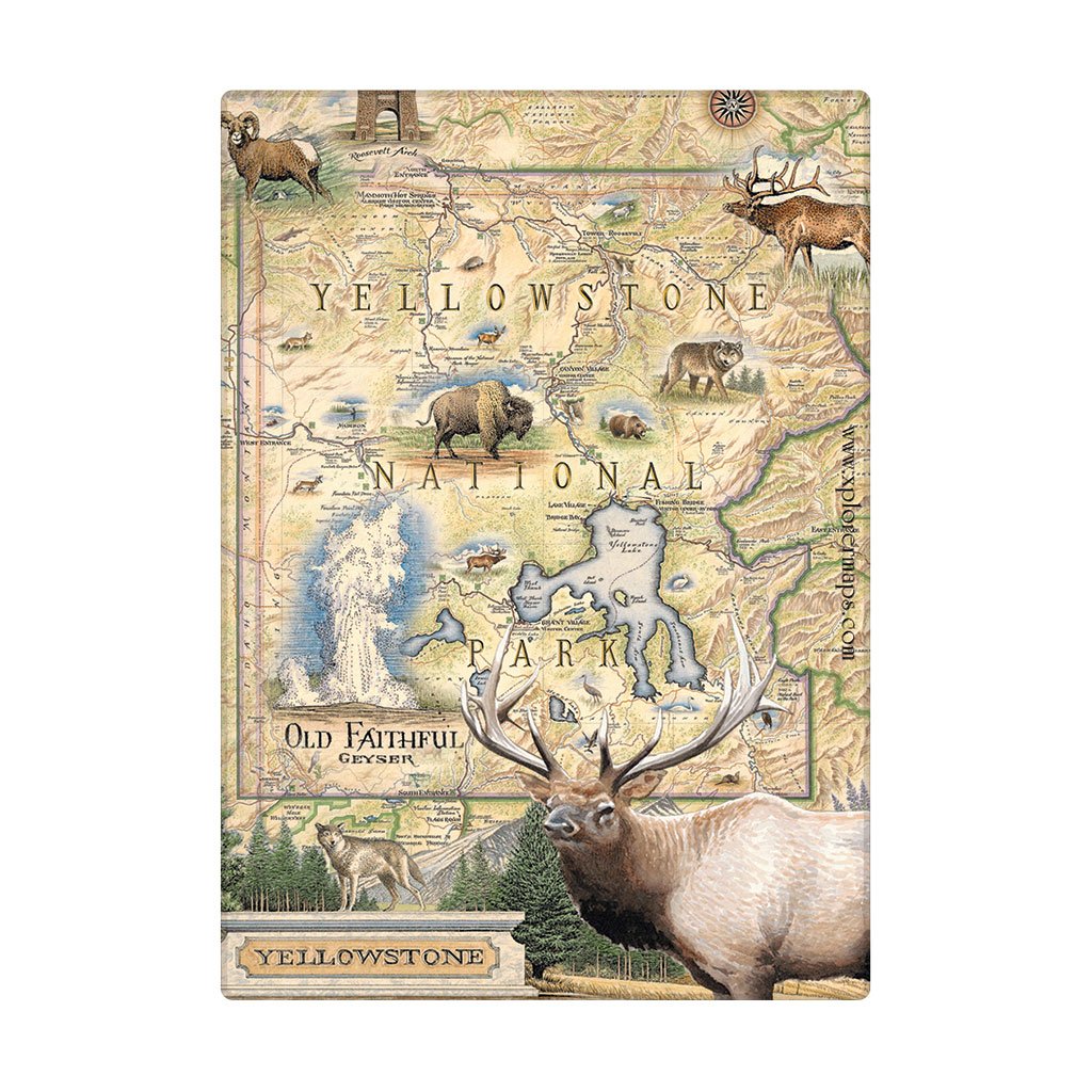 A vintage-style Yellowstone National Park map magnet featuring illustrated wildlife including bison, elk, grizzly, with the words 'Yellowstone National Park' and 'Old Faithful Geyser.'.