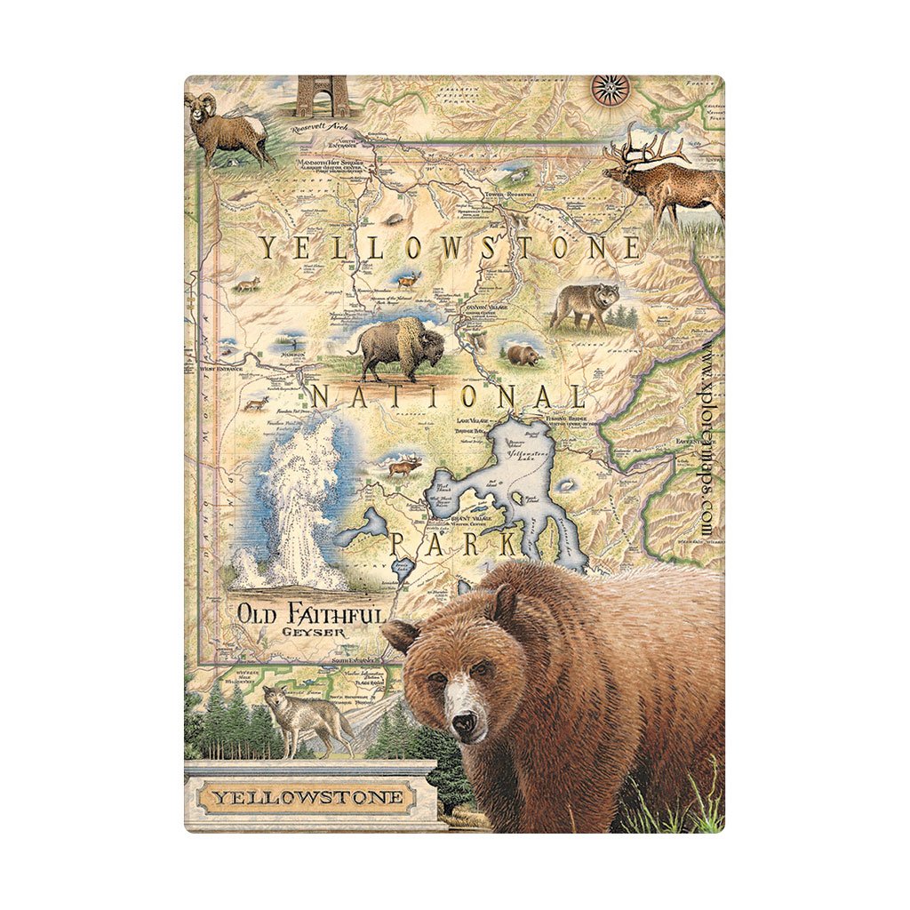 A rectangular Yellowstone National Park map-style magnet featuring vintage-style illustrations of wildlife, including a large brown bear in the lower right, bison, elk, and other animals, with the words 'Yellowstone National Park' and 'Old Faithful' visible.