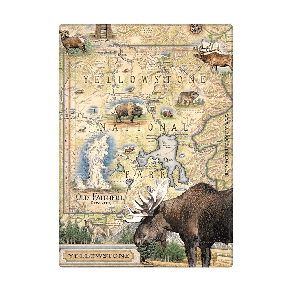 A vintage-style Yellowstone National Park magnet map print featuring illustrated wildlife, including a moose, bison, grizzly bear, deer, and a statue, with the words 'Yellowstone National Park' and 'Old Faithful' visible.