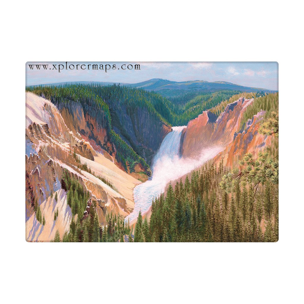 Magnet artwork of a waterfall and mountain landscape with 'www.xplorermaps.com' branding.