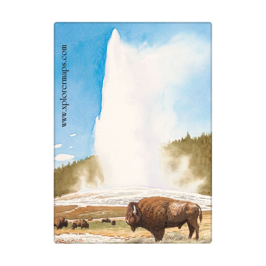 Fridge magnet with a design of bison and a geyser, featuring the Xplore Maps website.