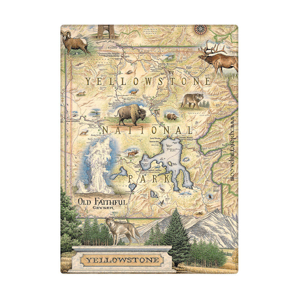 A rectangular magnet featuring Yellowstone National Park, with illustrated wildlife, topographic-style terrain, trees, and the words 'Yellowstone' and 'National Park'.