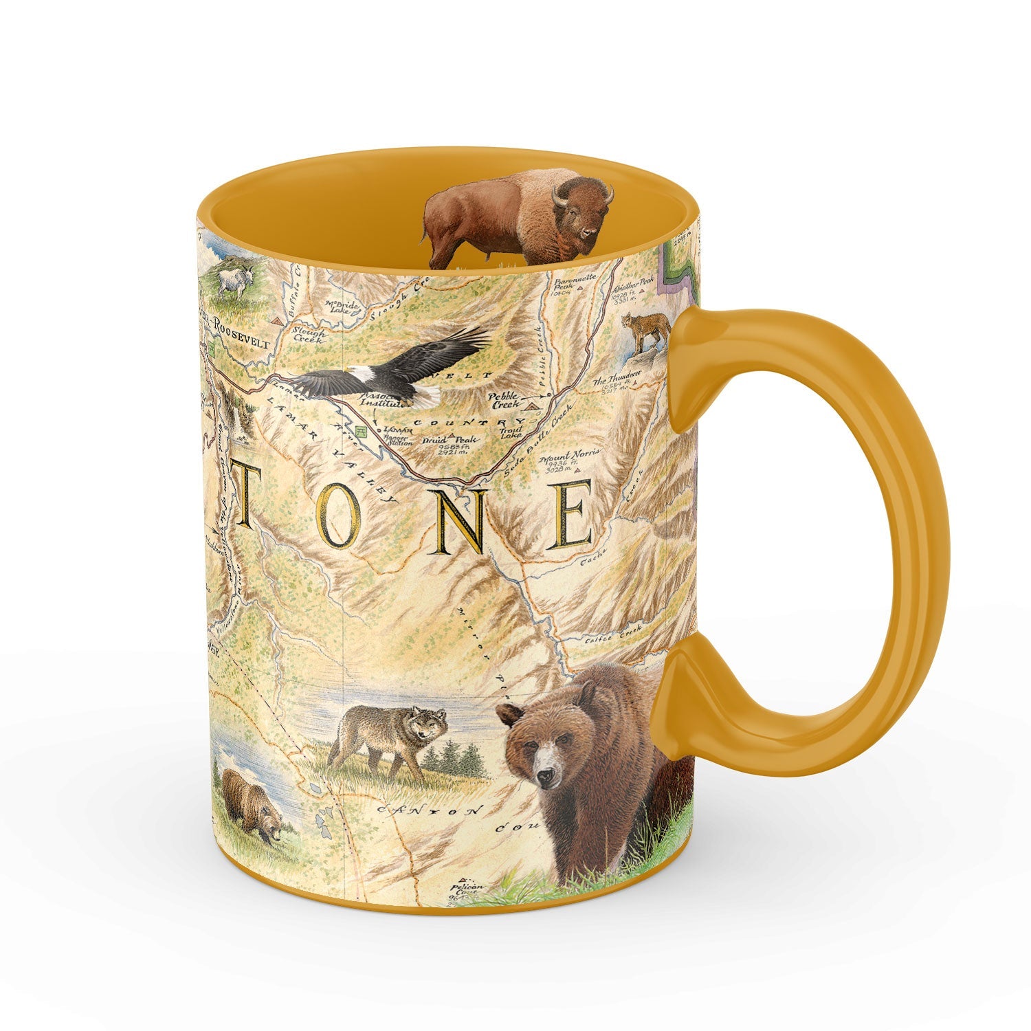 A ceramic mug featuring a vintage-style map of Yellowstone National Park with illustrated wildlife, including a bison, eagle, grizzly bear, and deer. The mug has a mustard yellow handle and interior, shown on a clean white background.