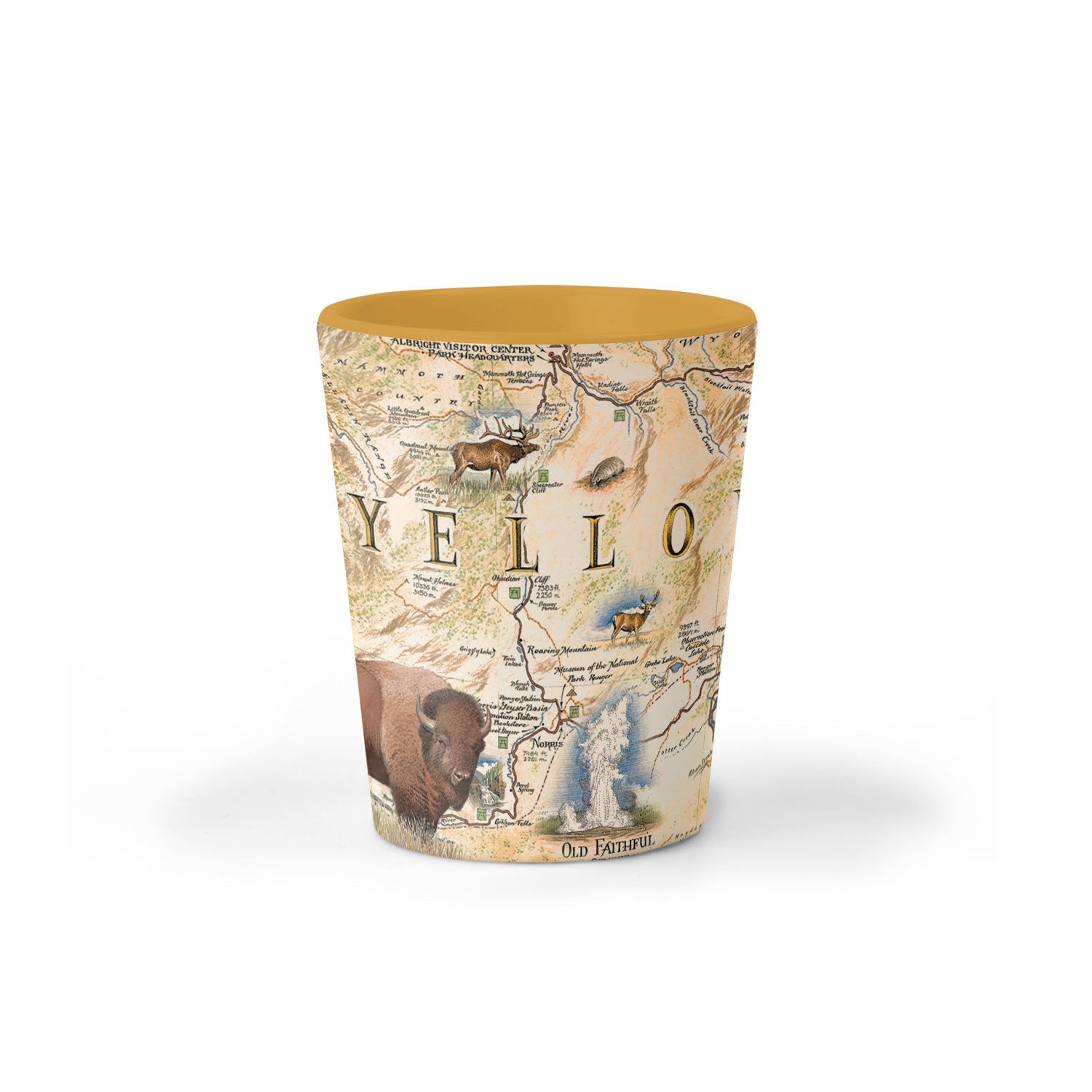 Map-themed shot glass with 'Yellowstone National Park' text and nature illustrations on a white background